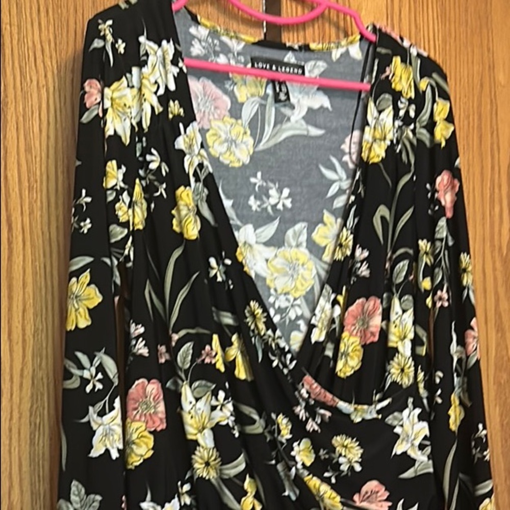 Love & Legend Black and Yellow Floral Wrap Blouse